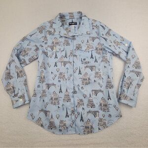 Karl Lagerfeld Shirt Womens Medium Blue Paris Print Long Sleeve Button Up Top